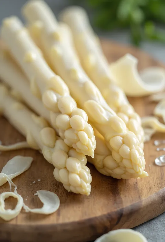 Asparagus putih segar dengan tampilan elegan di atas latar belakang kayu pedesaan