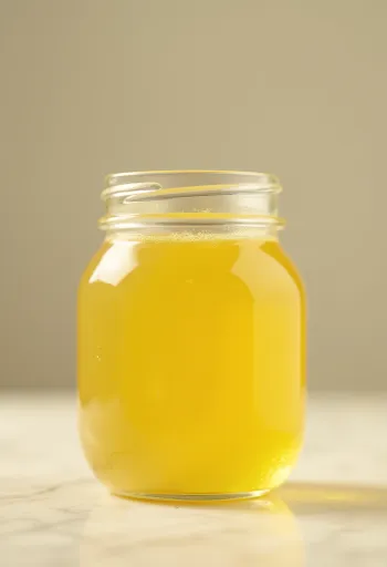 Ghee berwarna kuning keemasan dalam toples kaca kecil dengan sendok kayu