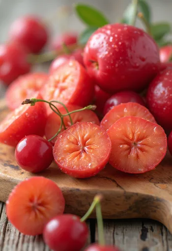 Buah ceri acerola segar, merah menyala, utuh dan terbelah