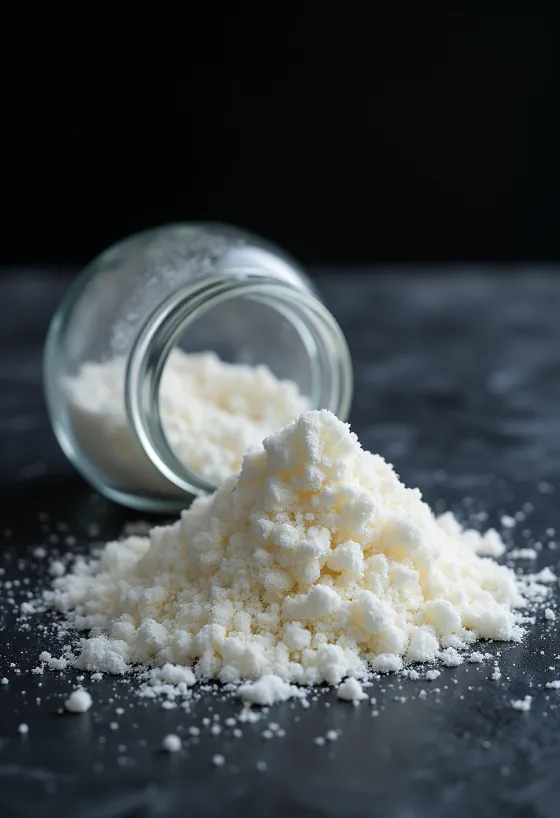 Bubuk agar-agar dalam toples kaca kecil dan sendok kayu