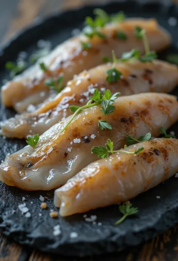 Fillet ikan teri (anchovy) segar dengan bumbu dan lemon di atas papan kayu