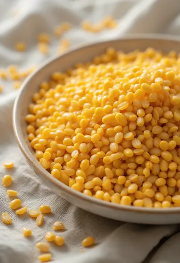 Biji rami emas (golden flaxseed) utuh, cerah dan bersih