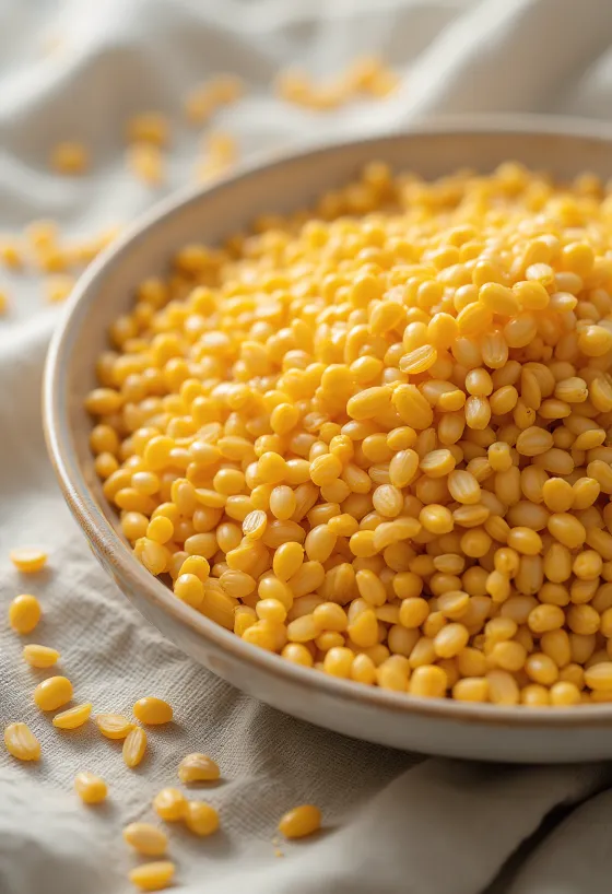 Biji rami emas (golden flaxseed) utuh, cerah dan bersih