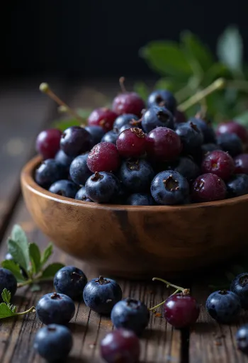 Buah aronia segar berwarna ungu gelap, utuh dan terpotong