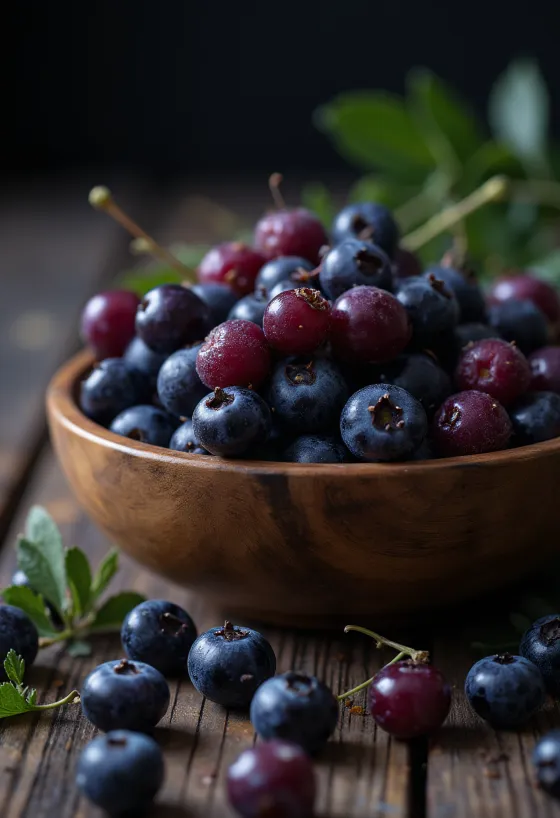 Buah aronia segar berwarna ungu gelap, utuh dan terpotong