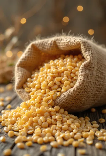 Biji barley kupas bersih dalam karung kecil dan tersebar