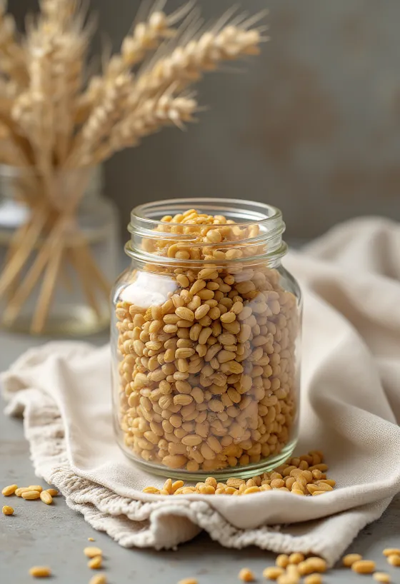 Bekatul jelai dalam mangkuk keramik dan tersebar di meja dapur kayu