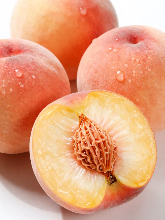 Buah persik utuh dan iris di meja kayu, di samping segelas jus