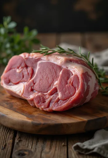 Fillet paha domba mentah di permukaan kayu rustik, dengan lapisan lemak
