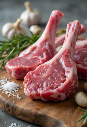 Potongan daging domba segar dengan rosemary, bawang putih, dan lada