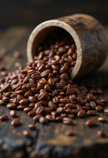 Biji rami cokelat utuh dalam mangkuk kayu, tampilan makro