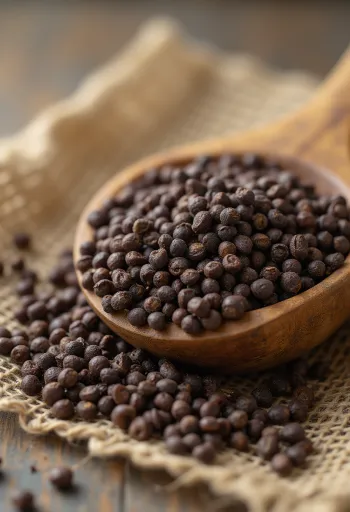 Biji sawi cokelat utuh kering di atas permukaan kayu