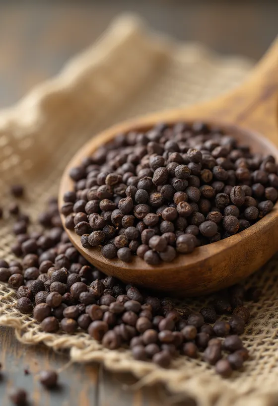 Biji sawi cokelat utuh kering di atas permukaan kayu