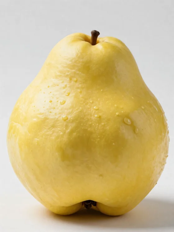 Buah quince utuh dan iris di permukaan kayu dengan daun hijau