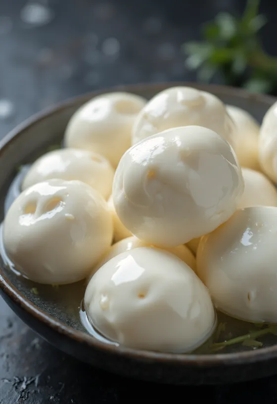 Keju mozzarella kerbau segar dalam mangkuk keramik putih di atas meja kayu