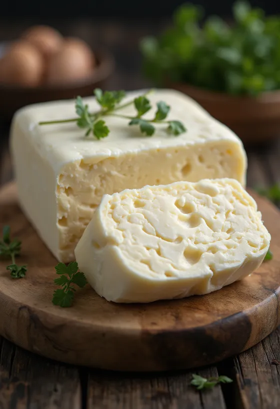 Mentega kerbau dalam mangkuk keramik kecil, tekstur creamy, warna terang