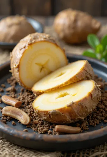 Akar gobo (burdock) segar, panjang dan kecokelatan, sebagian teriris