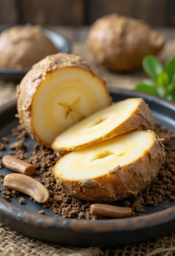 Akar gobo (burdock) segar, panjang dan kecokelatan, sebagian teriris