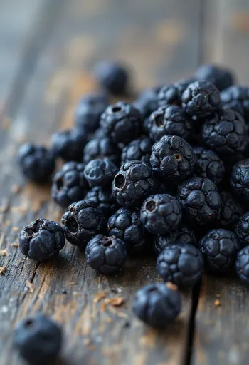 Buah juniper kering di atas permukaan kayu rustik, tampilan alami