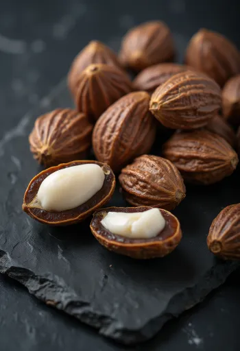Kacang Brazil kupas dalam mangkuk kayu dan tersebar di permukaan terang