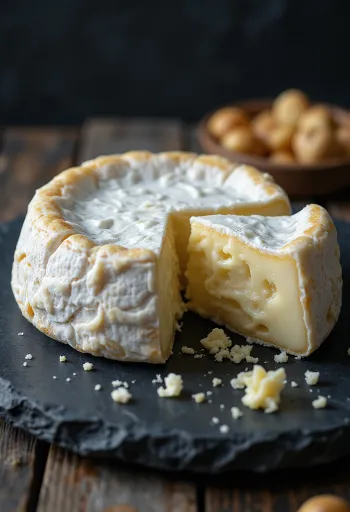 Keju Brie segar yang creamy di dalam mangkuk keramik putih di atas meja kayu