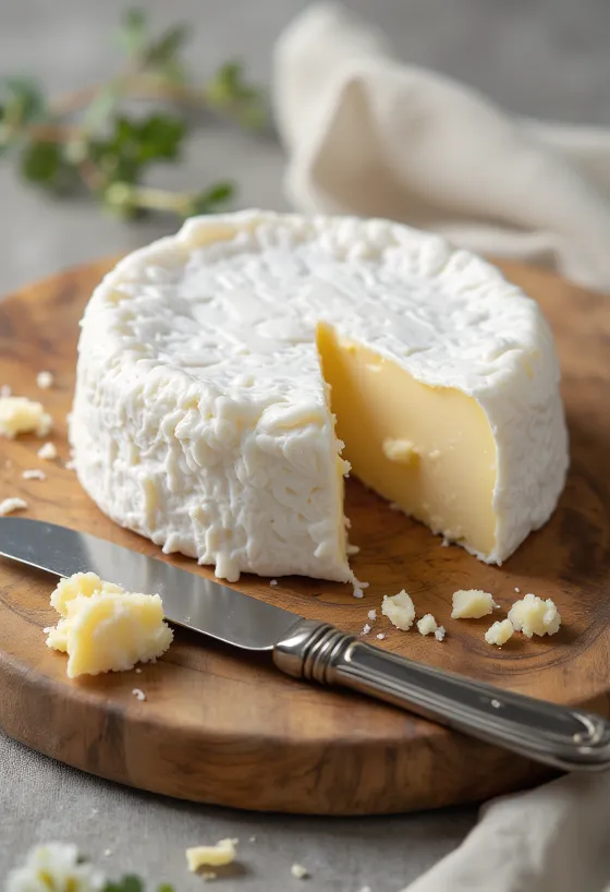 Keju Brie iris di talenan kayu, bagian dalam creamy