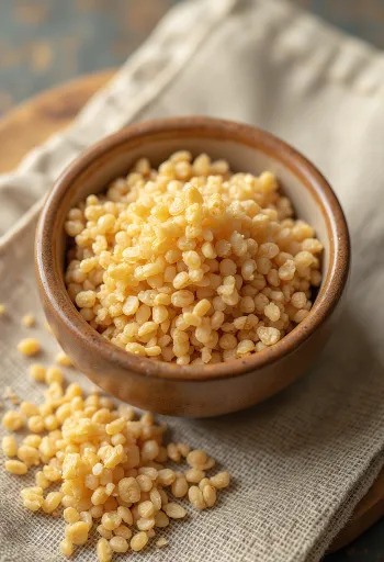 Bulgur mentah dalam mangkuk keramik, butiran tersebar di permukaan kayu