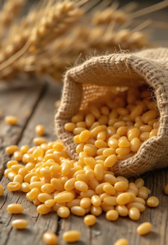 Biji gandum bersih dalam karung dan tersebar di permukaan kayu