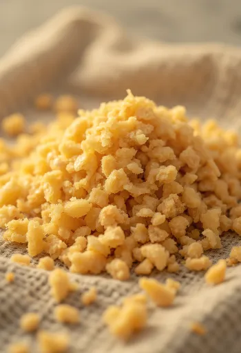 Wheat germ mentah dalam mangkuk keramik, tersebar di permukaan kayu