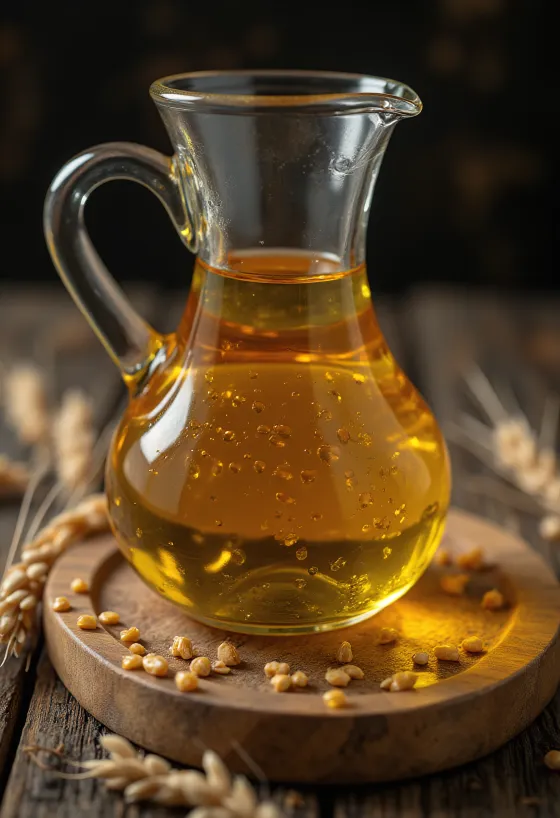 Minyak biji gandum dalam botol kaca dan mangkuk kecil dengan biji gandum