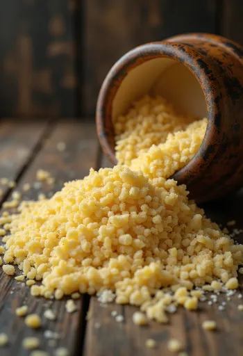 Semolina mentah dalam mangkuk keramik rustik di permukaan kayu