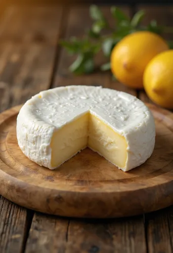 Keju Camembert segar dalam mangkuk keramik putih di atas meja kayu