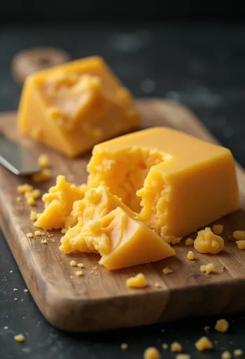 Keju Cheddar iris dan potong dadu di atas talenan kayu