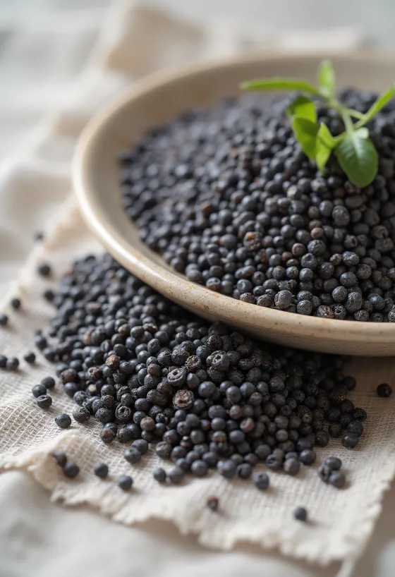 Biji chia hitam tersebar di atas latar belakang putih, foto jarak dekat