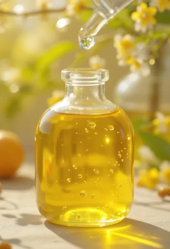 Minyak chia dalam botol kecil dan biji chia di mangkuk kayu