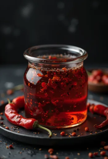 Minyak cabai merah menyala dalam toples dengan cabai kering
