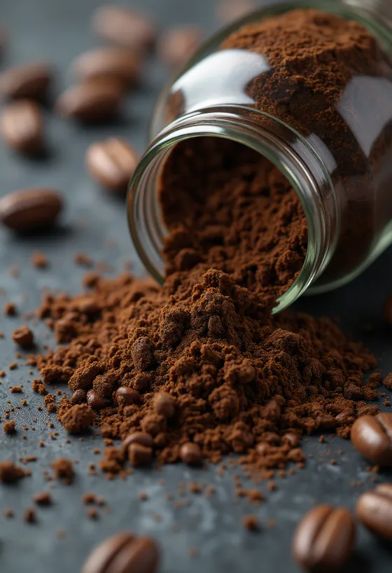 Butiran kopi chicory panggang dan akar kering dalam sendok kayu