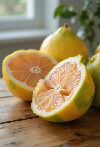 Buah Jeruk Bali (Pomelo) utuh dan kupas di permukaan kayu rustik