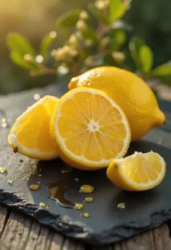 Lemon segar utuh dan terbelah di mangkuk dan meja kayu, segelas air lemon