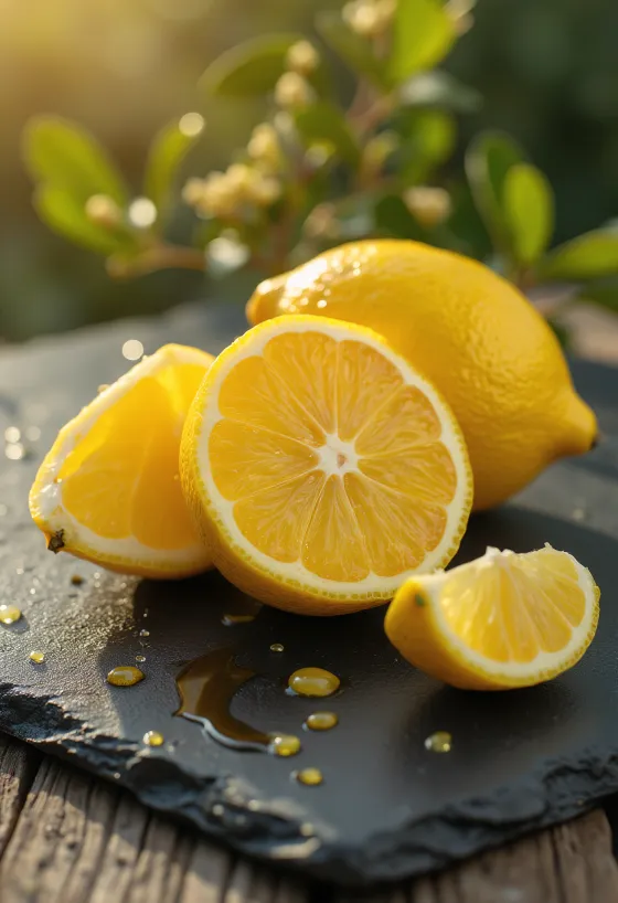 Lemon segar utuh dan terbelah di mangkuk dan meja kayu, segelas air lemon
