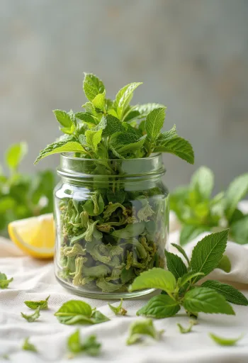 Daun lemon balm kering dalam mangkuk dan tersebar di meja dapur