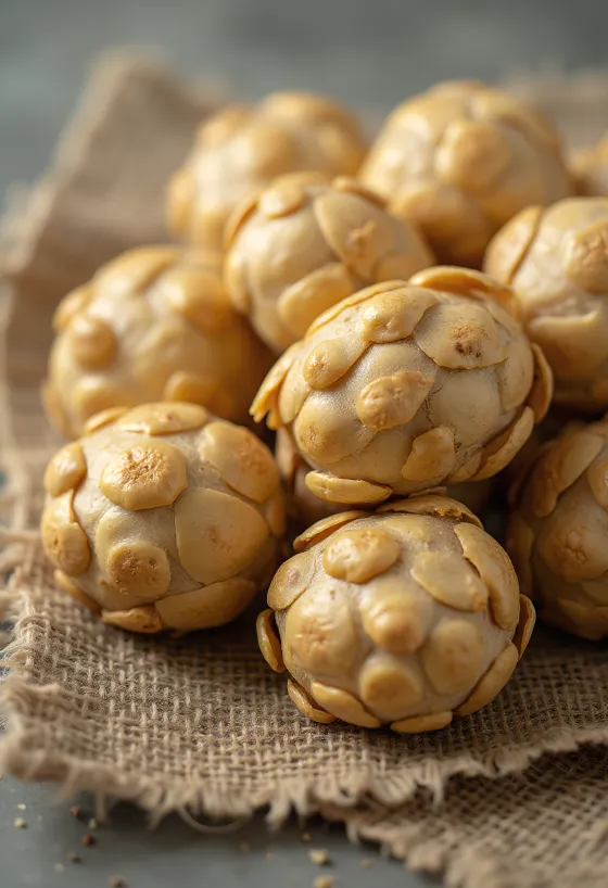 Umbi Jerusalem Artichoke segar di atas talenan kayu, sebagian terpotong