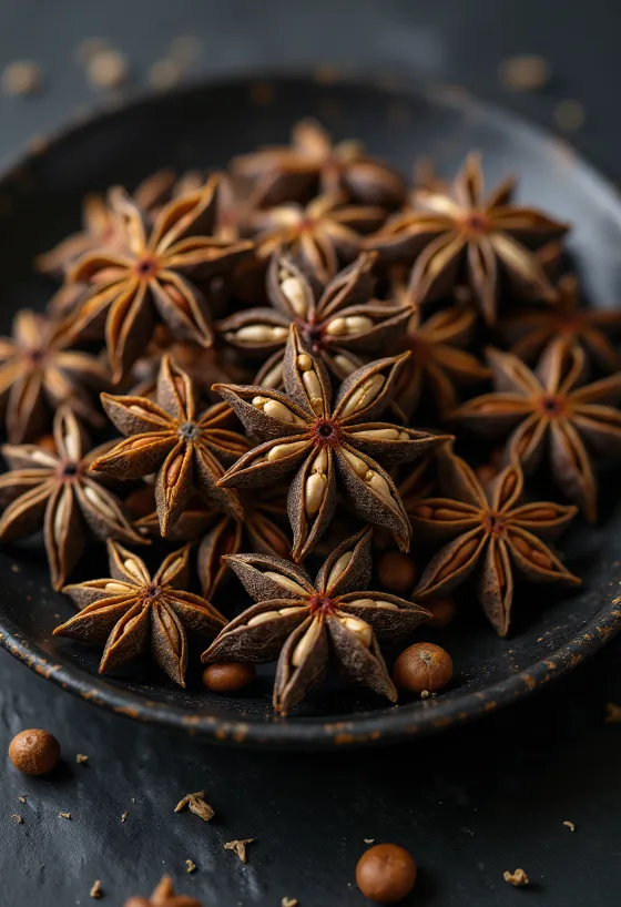 Bunga lawang atau pekak utuh kering di atas permukaan kayu