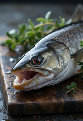 Fillet Ikan Pike segar dengan lemon, adas, dan lada di talenan kayu
