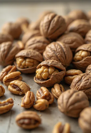 Inti kacang walnut terbelah di mangkuk kayu dan tersebar di permukaan rustik