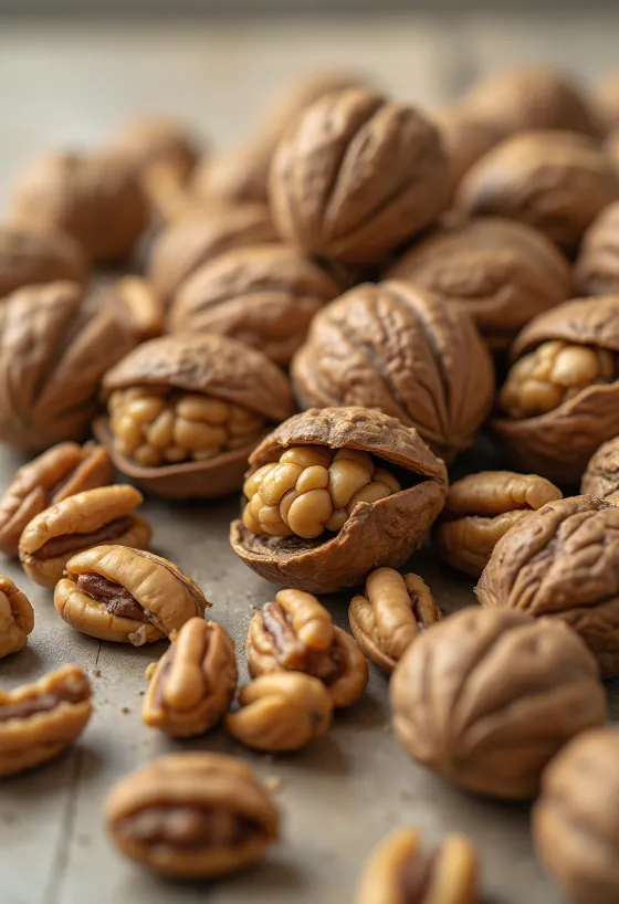 Inti kacang walnut terbelah di mangkuk kayu dan tersebar di permukaan rustik