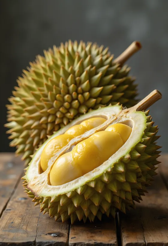 Buah durian utuh dan terbelah dengan kulit berduri dan daging creamy