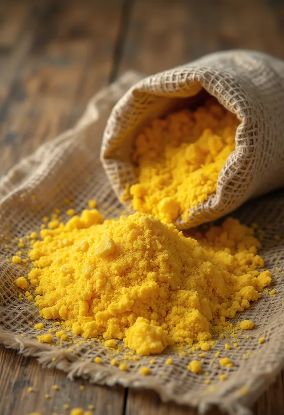 Tepung jagung kasar (polenta) kuning emas dalam mangkuk kayu dan tersebar