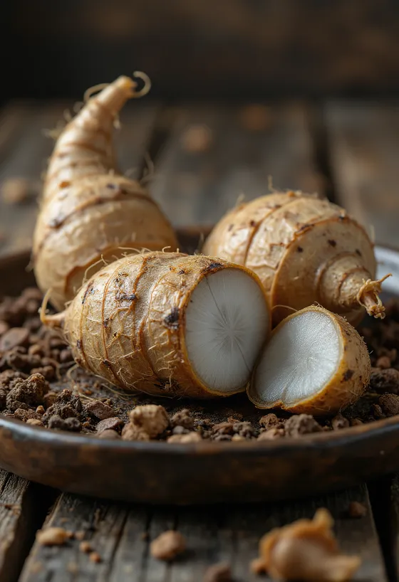 Umbi talas eddoe dengan kulit cokelat bertekstur