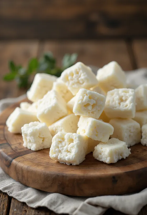 Keju whey manis (Orda) segar dengan tekstur berbutir di mangkuk keramik putih